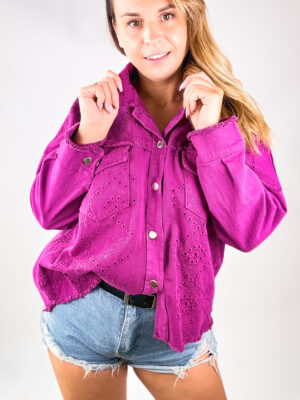 OVERSIZOWA, BAWEŁNIANA KURTKA Z AŻURKOWYM WZOREM