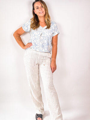 KREMOWE,DŁUGIE SPODNIE W PASKI Z LNEM