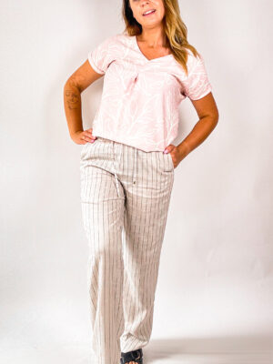 BEŻOWE,DŁUGIE SPODNIE W PASKI Z LNEM