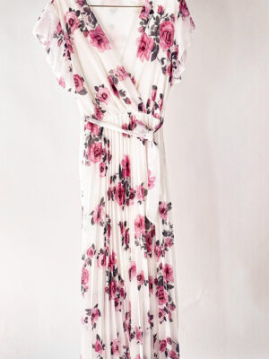 Długa sukienka w różowo-szary print z wiskozą