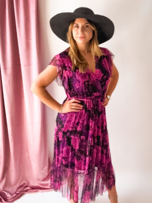 Długa sukienka w różowo-fioletowy print z wiskozą