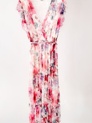 Długa sukienka w jasny, kolorowy print z wiskozą